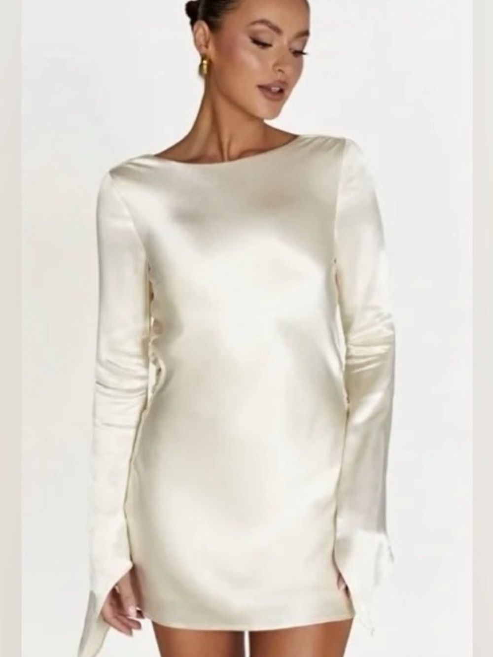 Meshki Satin Cream Flared Long Sleeve Open Back Mini Dress